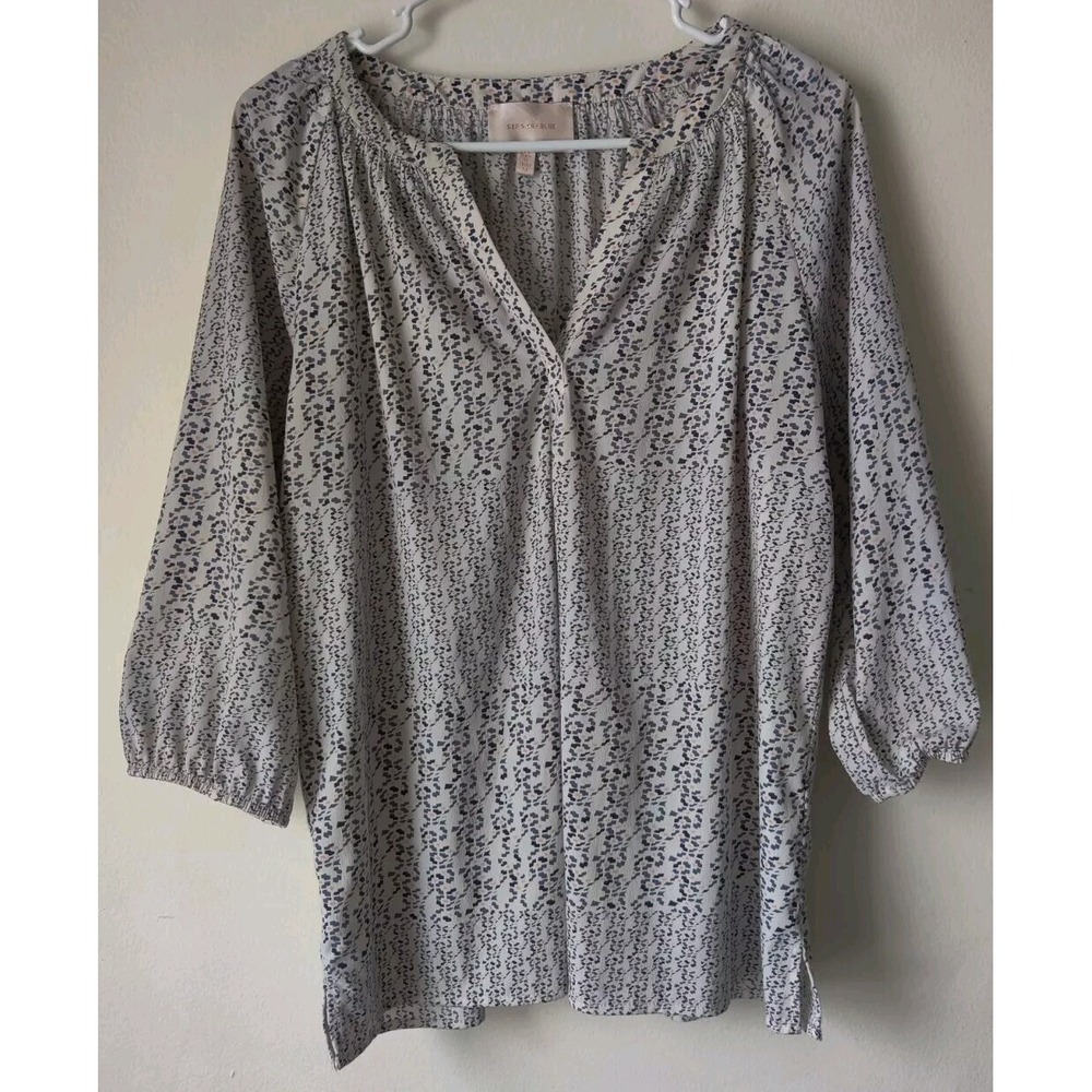 Skies Are Blue Women's Blouse Multicolor Floral V Neck Elastic Cuff Tunic Size M